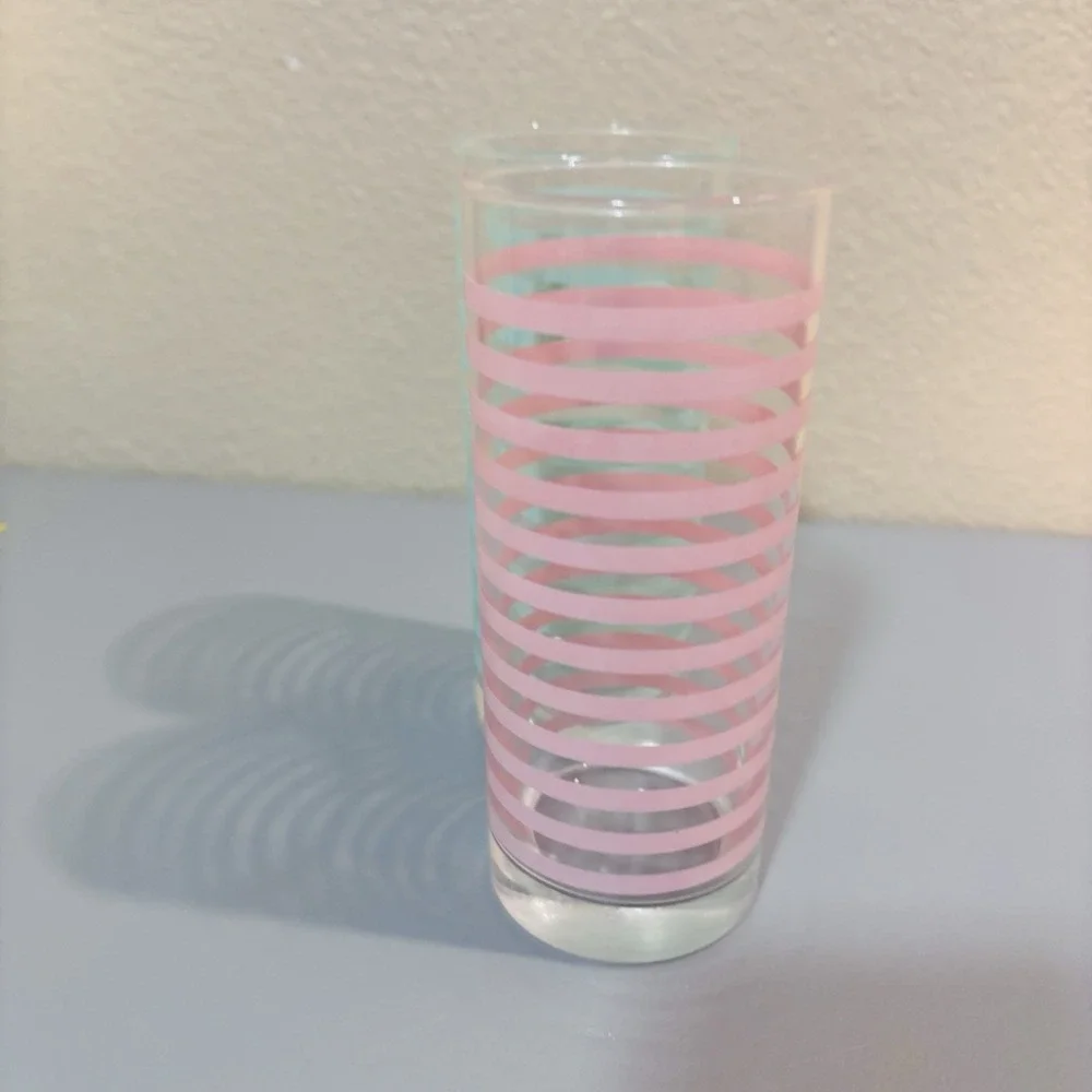 2 Libbey Vintage Mid Century Modern Retro Teal Pink Striped Highball Bar Glasses